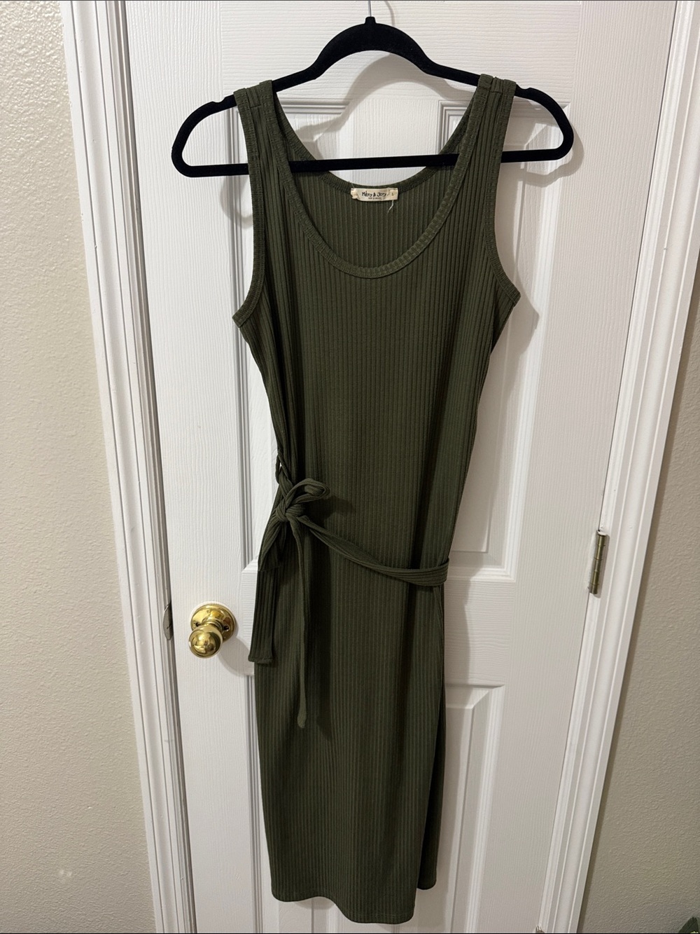 Ribbed Olive Green Tank Midi Dress with Waist Tie